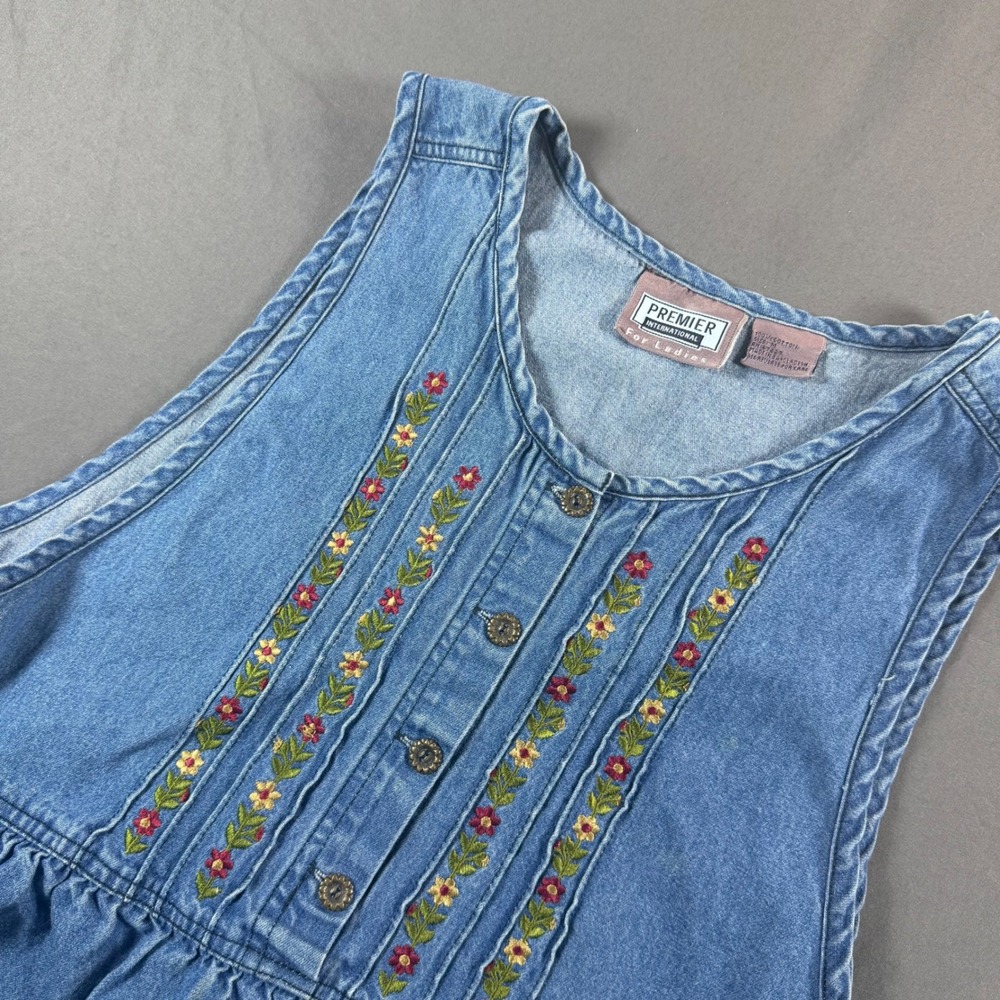 Vintage Denim Floral Embroidered Midi Dress Medium Cottagecore Miss Honey Vibes